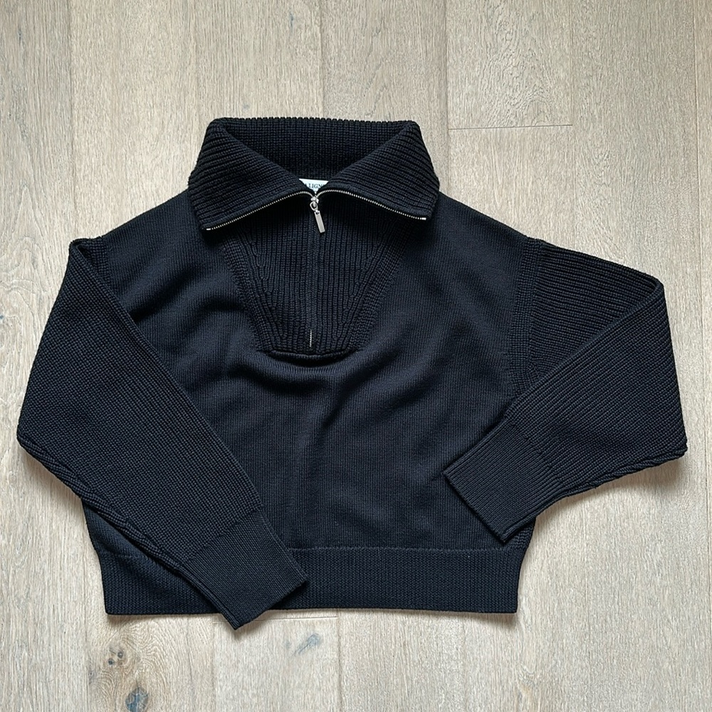 EUC La Ligne bastien sweater black size small merino wool half zip ribbed detail